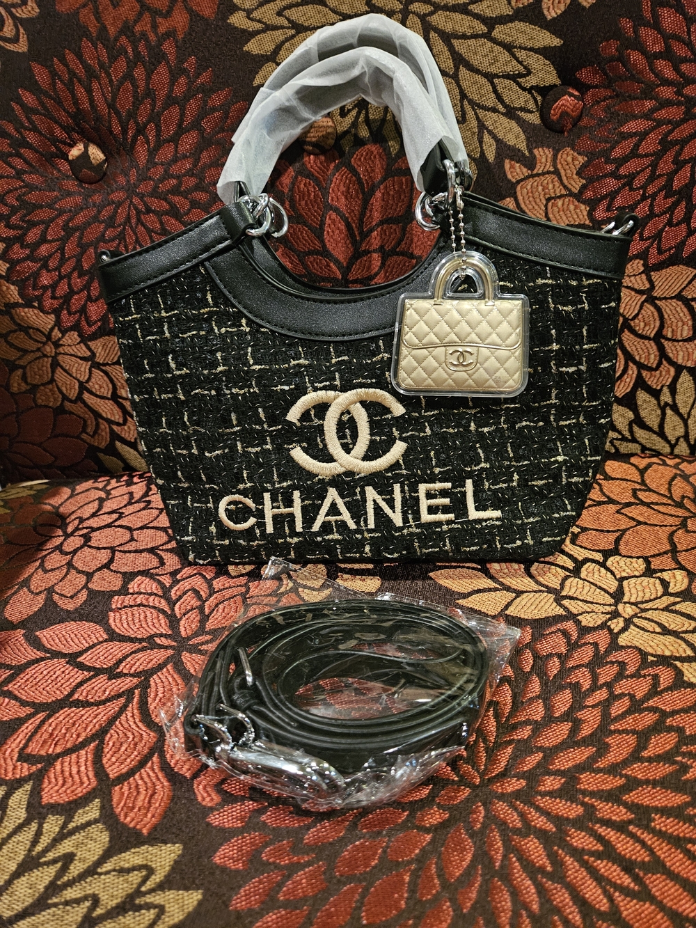 Black Tweed Tote with Gold Logo Charm 1 Left